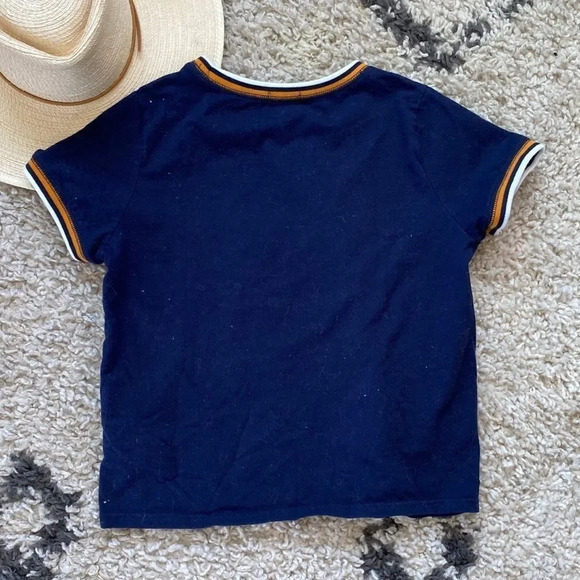 Forever 21 Women's Cropped Navy White Mustard Stripe Short Sleeve Tee - Picture 2 of 4